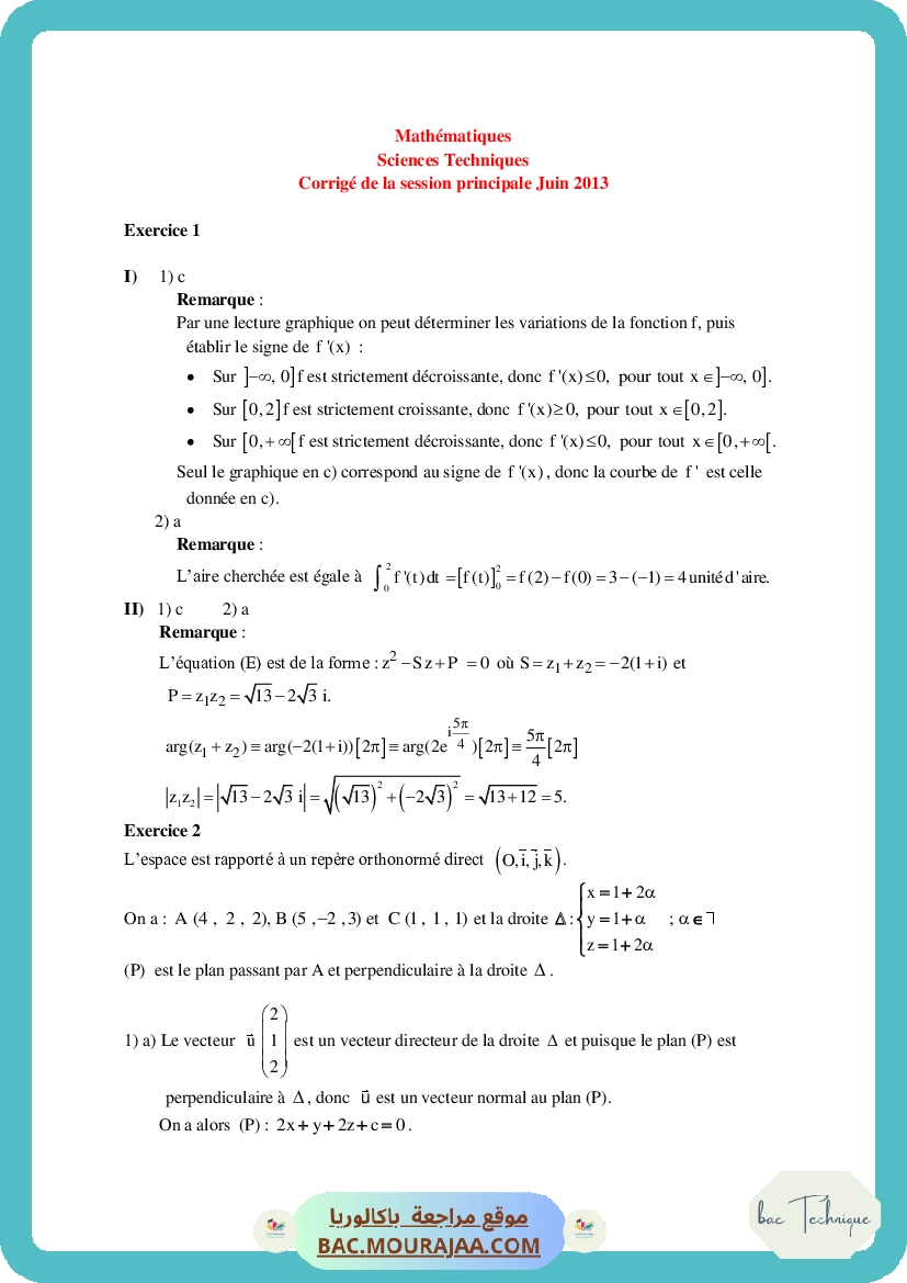 Corrigé principale math Bac 2013 – Section technique